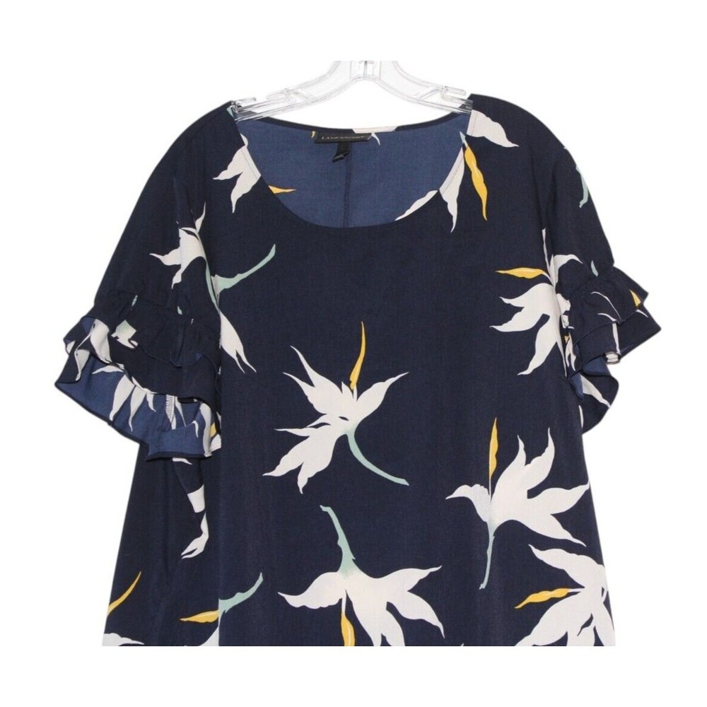 Lane Bryant Sz 24 Navy Floral Blouse Women’s Short Ruffle Sleeves Lightweight